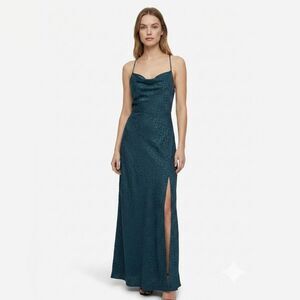 Banana Republic Teal Leopard Jacquard Cowl Neck Maxi Dress Slit S Evening Drapey